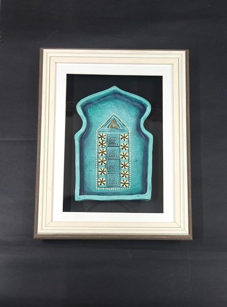 Cyan Theme Vintage Jharokha In Exclusive Glass Enclosed Wall Frame Tamrapatra
