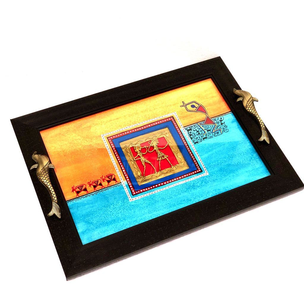 Tough Glass Elegant Serving Tray Warli Dhokra Combined Art Tamrapatra - Tanariri Hastakala