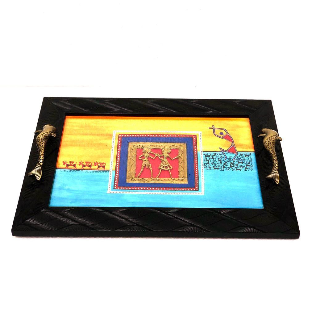 Tough Glass Elegant Serving Tray Warli Dhokra Combined Art Tamrapatra - Tanariri Hastakala