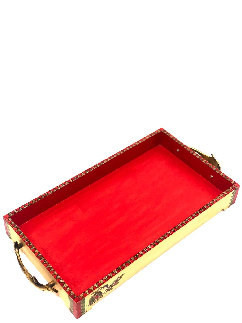 Big Wooden Tray With Premium Brass Handles Elephant Theme Tamrapatra - Tanariri Hastakala