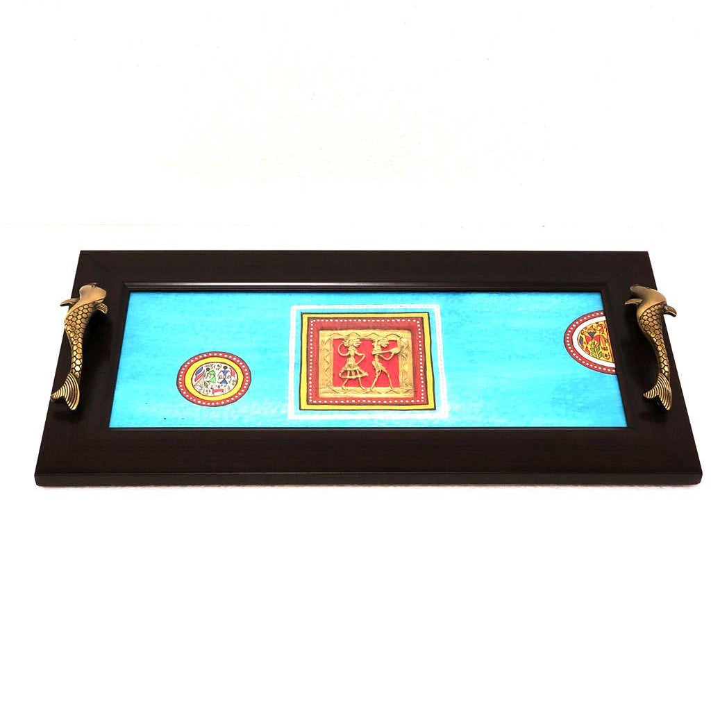Beautiful HandPainted Warli Dhokra Fusion Wooden Tray Utility Tamrapatra - Tanariri Hastakala