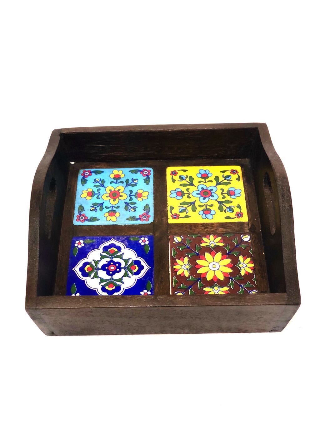 Blue Pottery Tiles Fitted On Strong Wooden Tray Home Decor By Tamrapatra - Tamrapatra