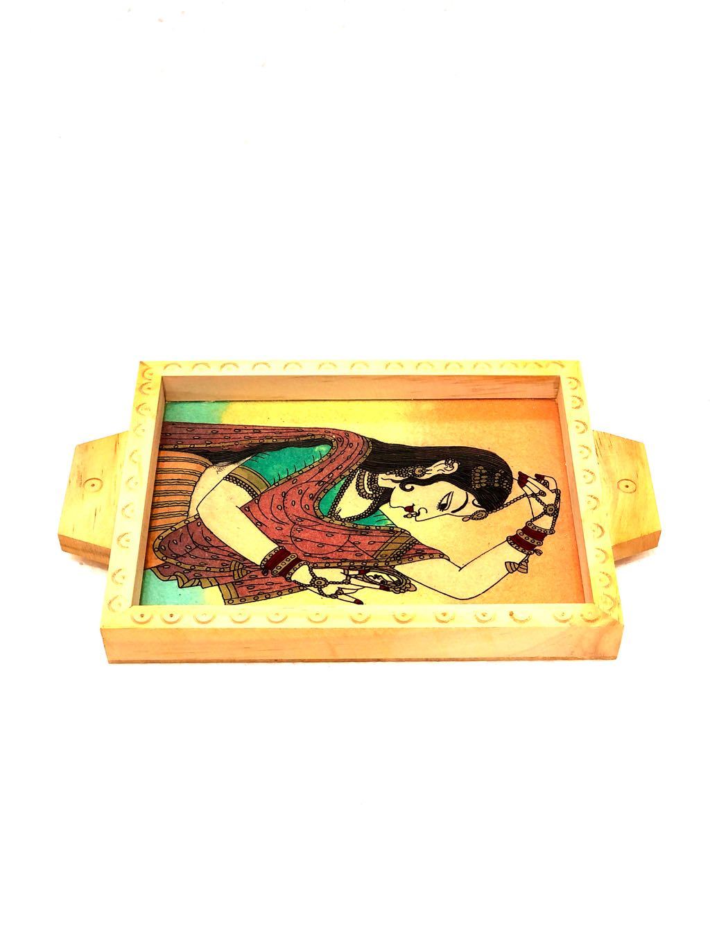 Wooden Gemstone Tray Ragini Painting Style Handmade Gifts Tamrapatra - Tamrapatra