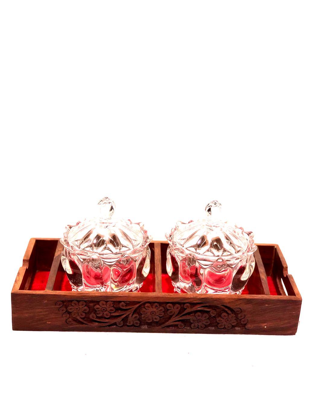 Tray Wooden Carved Velvet Finishing & Glass Jars Presented By Tamrapatra - Tanariri Hastakala