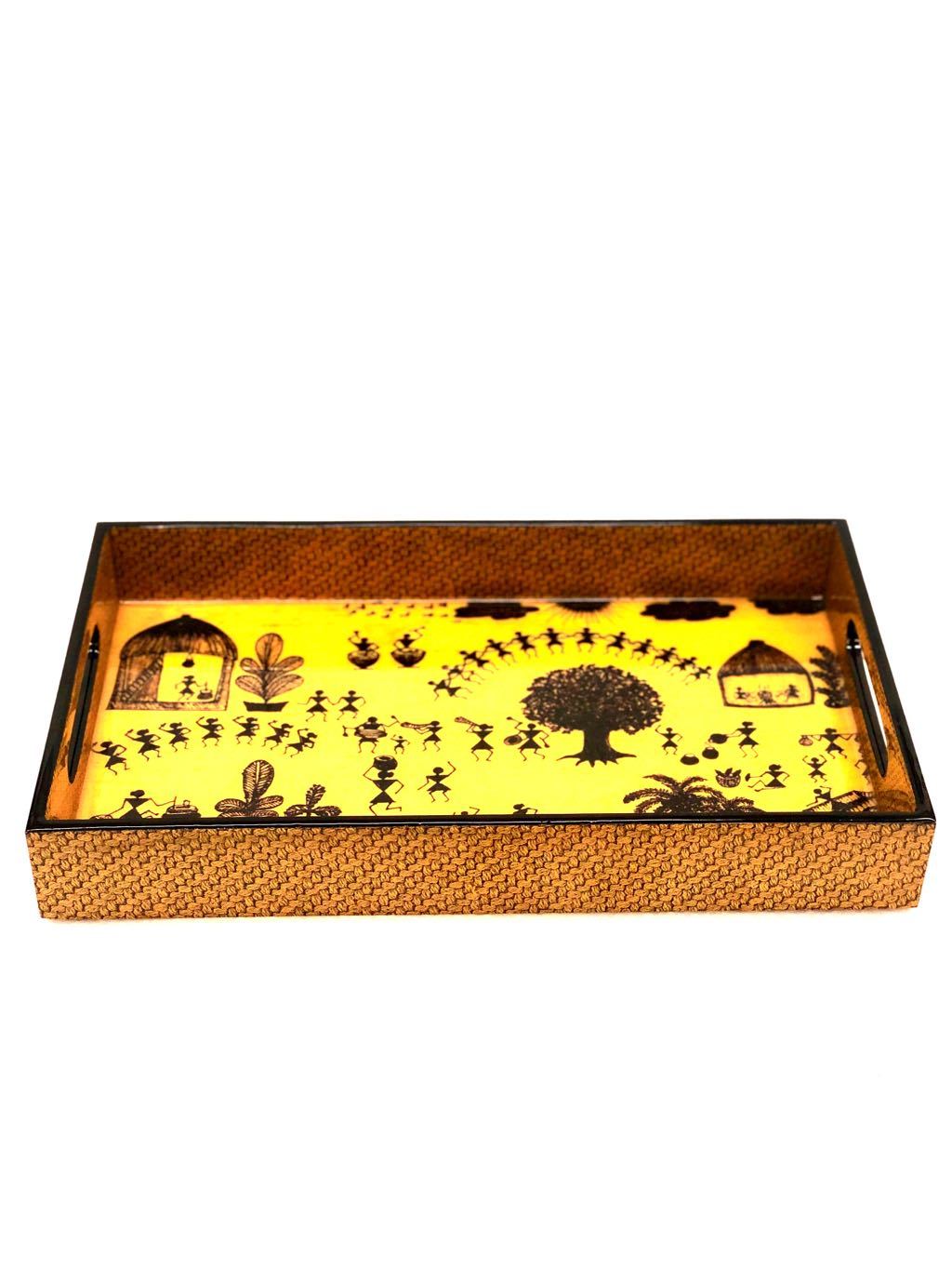 Printed Wooden Laminated Trays Warli Theme Multipurpose Tamrapatra - Tanariri Hastakala