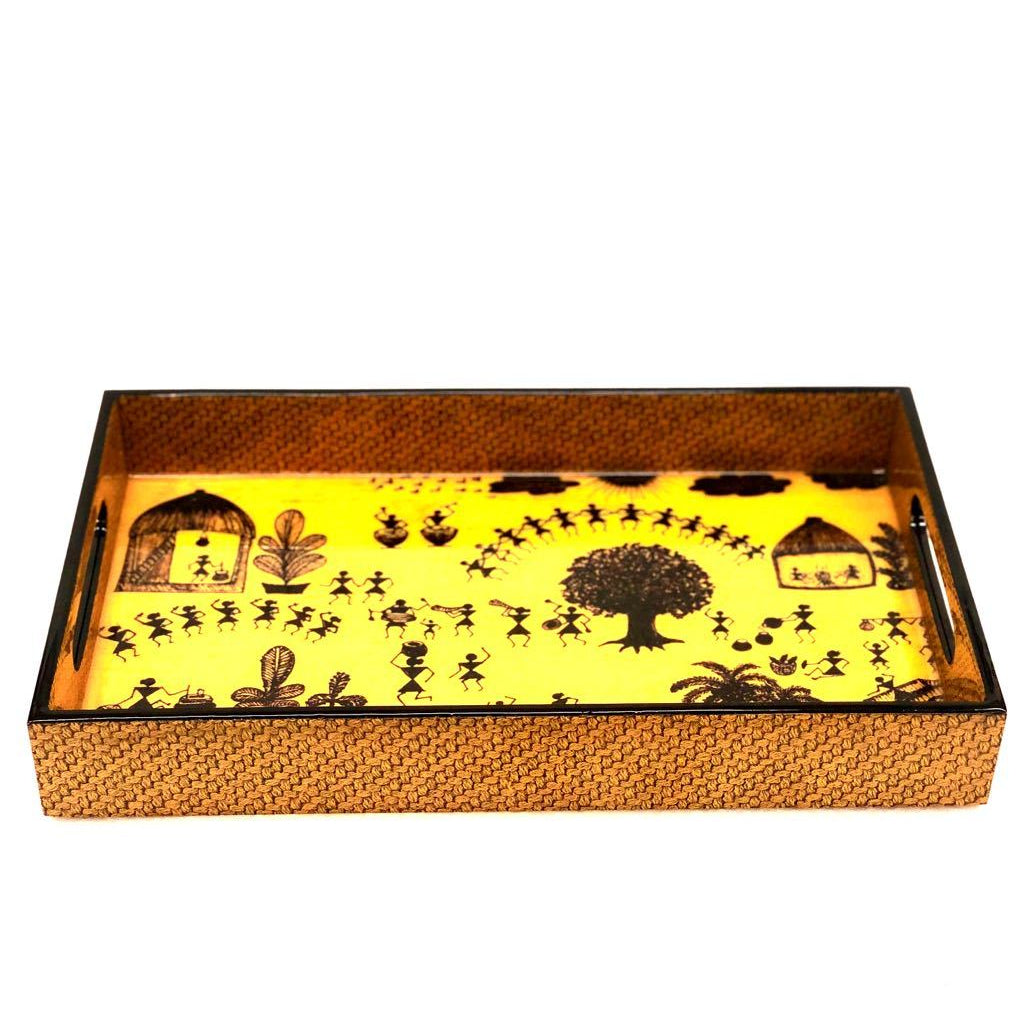 Printed Wooden Laminated Trays Warli Theme Multipurpose Tamrapatra - Tanariri Hastakala