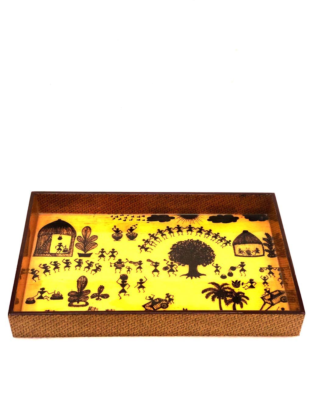 Printed Wooden Laminated Trays Warli Theme Multipurpose Tamrapatra - Tanariri Hastakala
