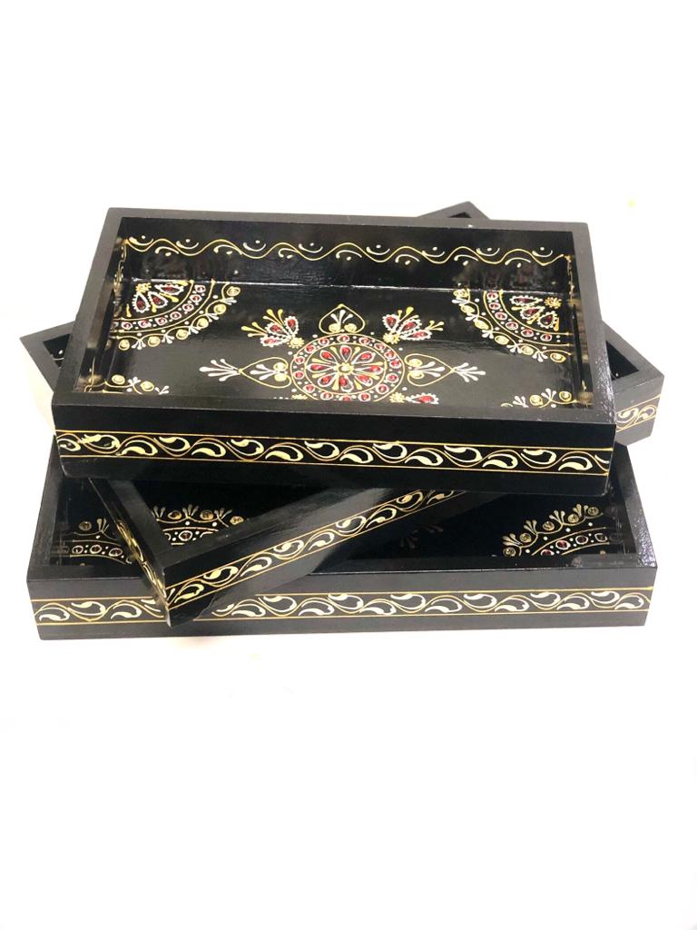 Black Traditional Tray With Kundan work Handcrafted In India From Tamrapatra