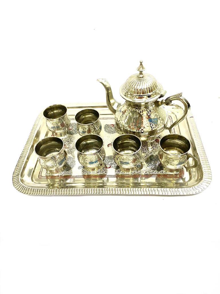 Tea Set In Luxurious Brass Inlay Artwork With Tray Kettle & Cups By Tamrapatra