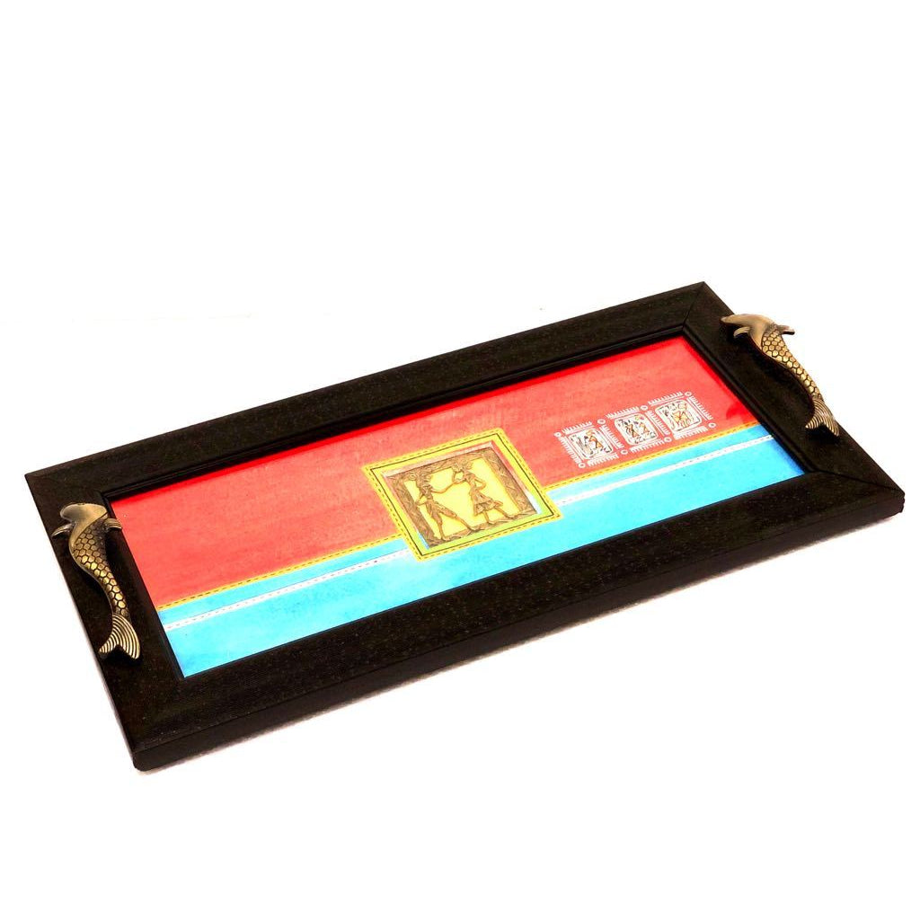 Beautiful HandPainted Warli Dhokra Fusion Wooden Tray Utility Tamrapatra - Tanariri Hastakala