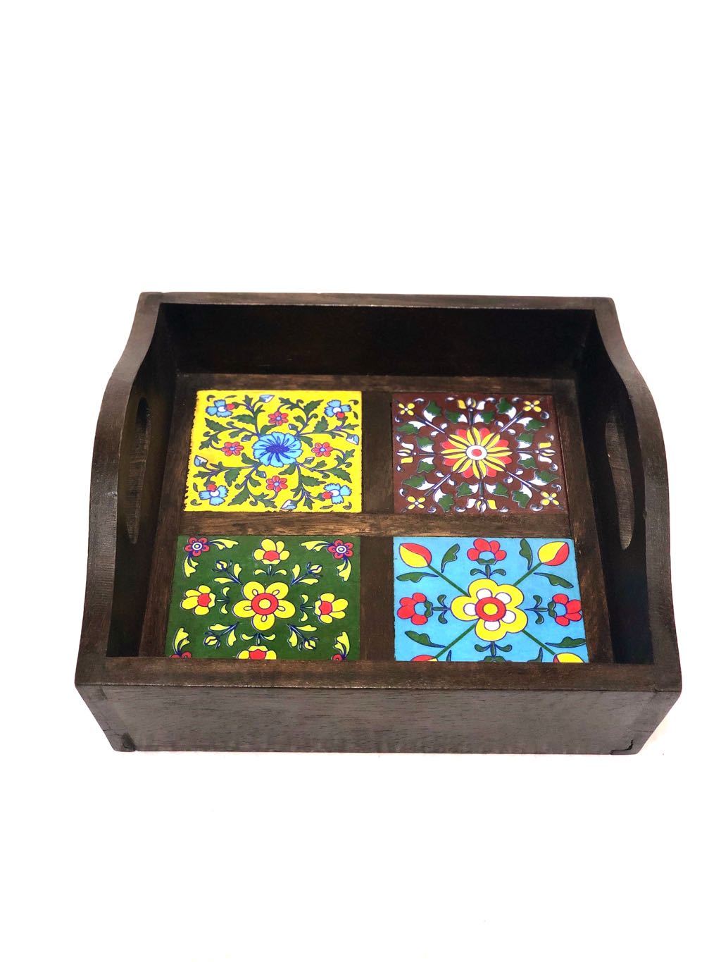 Blue Pottery Tiles Fitted On Strong Wooden Tray Home Decor By Tamrapatra - Tamrapatra
