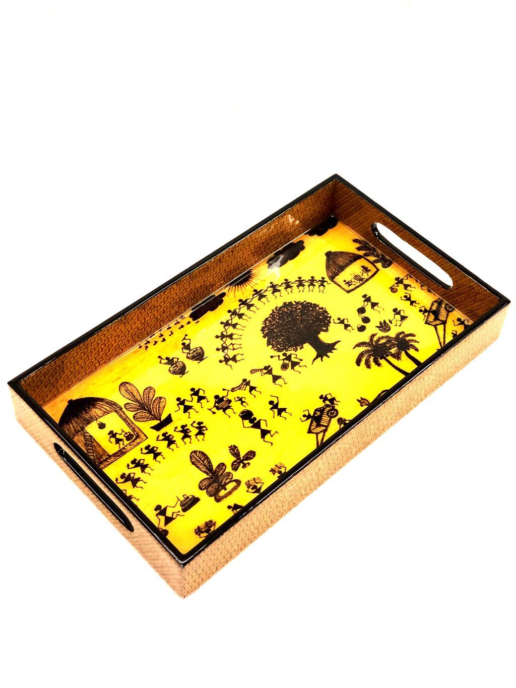 Printed Wooden Laminated Trays Warli Theme Multipurpose Tamrapatra - Tanariri Hastakala