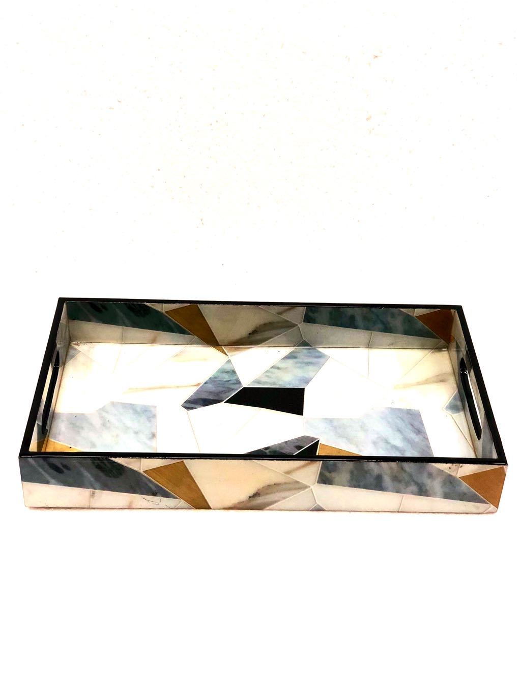 Tray With Geometrical Print Lamination Wooden Tray Supplier Tamrapatra - Tanariri Hastakala