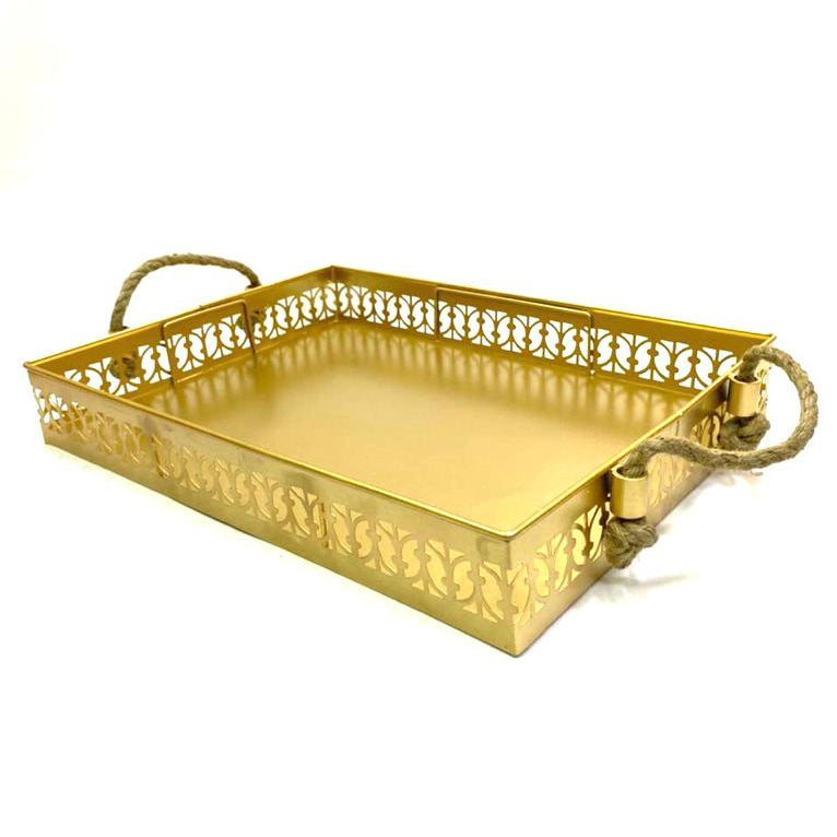 Handcrafted Metal Tray With Jute Handle Exclusive Designs From Tamrapatra - Tamrapatra