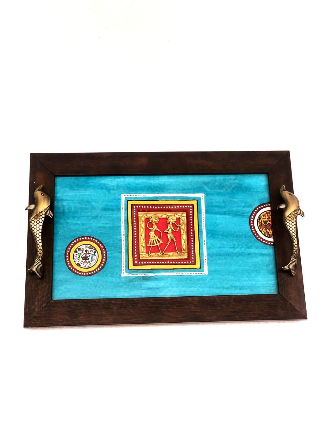 Ocean Blue HandPainted Classic Wooden Tray & Brass Handles Tamrapatra - Tanariri Hastakala