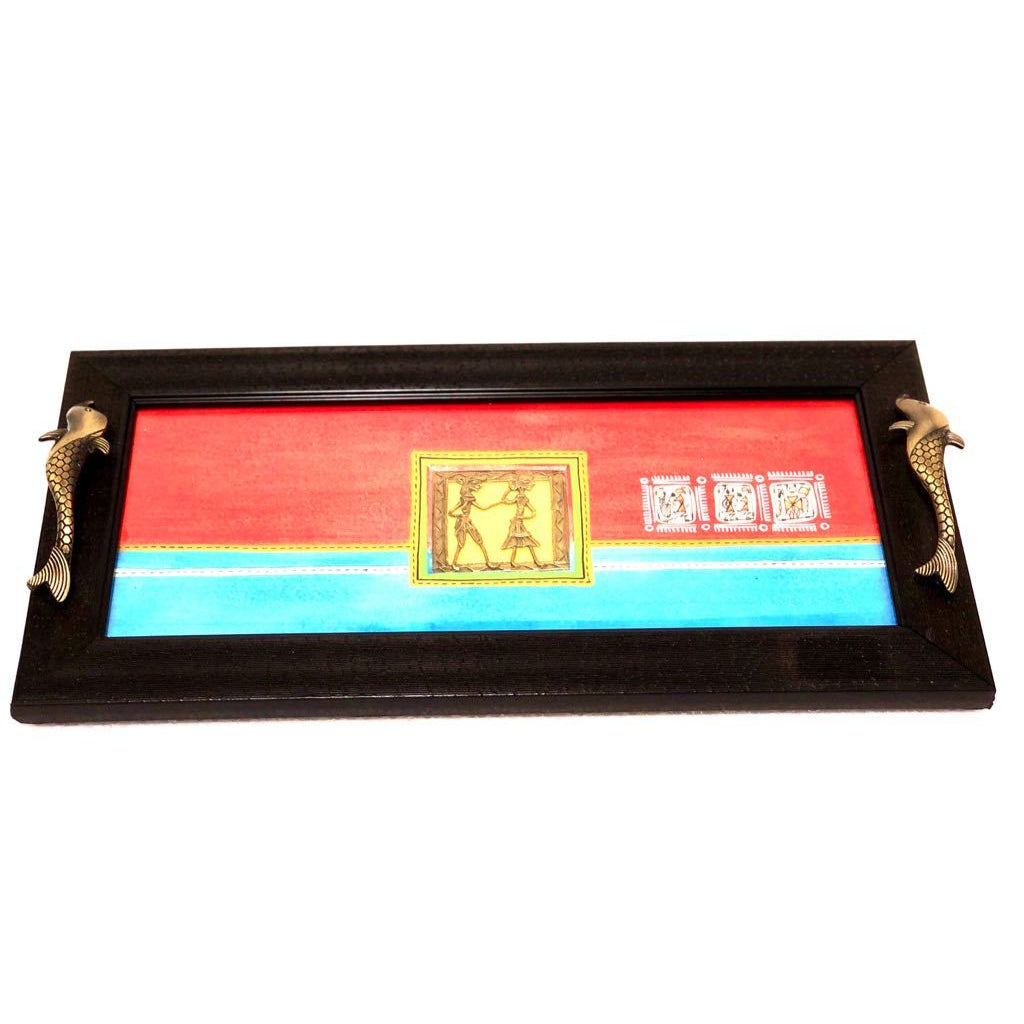 Beautiful HandPainted Warli Dhokra Fusion Wooden Tray Utility Tamrapatra - Tanariri Hastakala