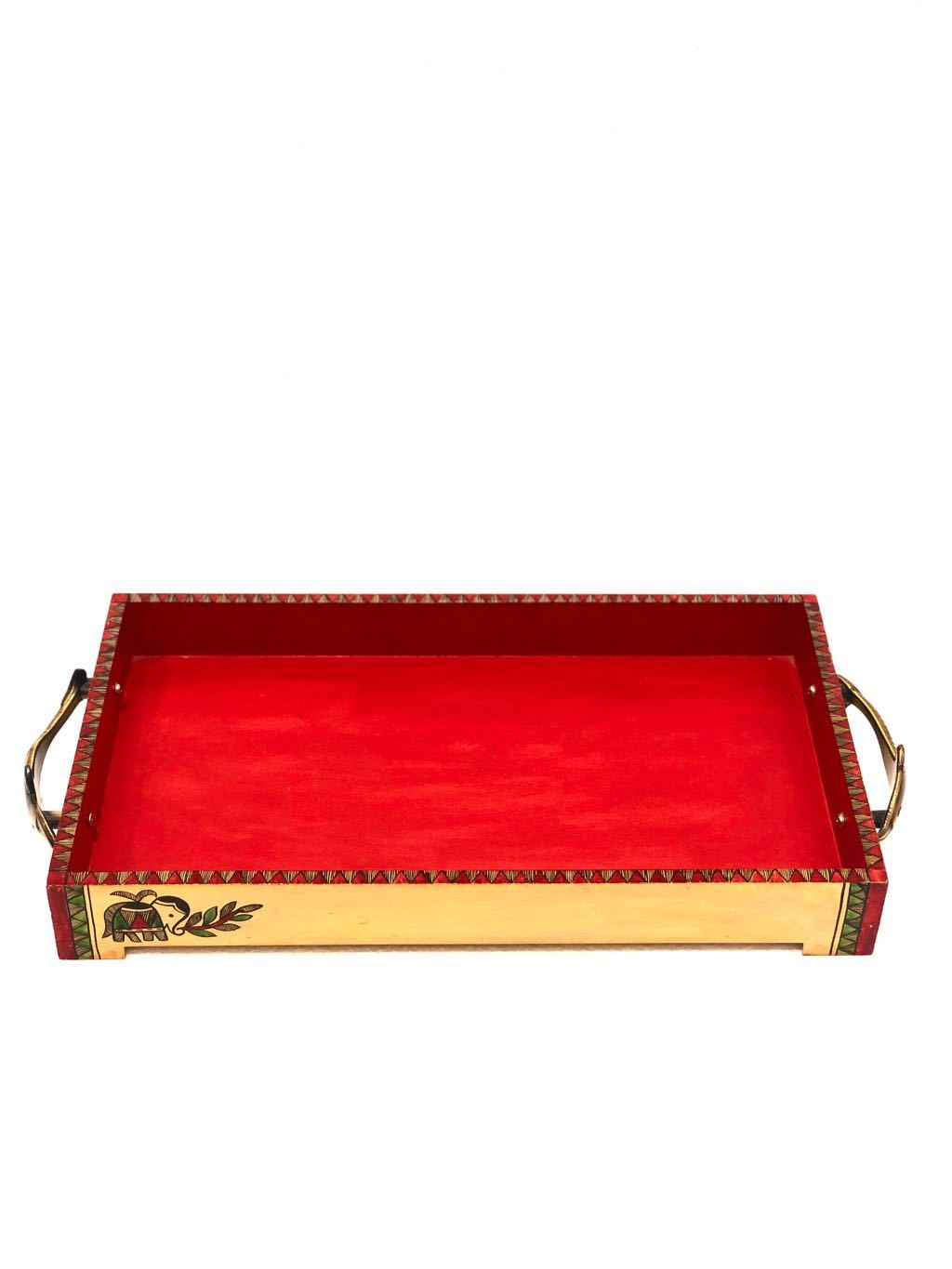 Big Wooden Tray With Premium Brass Handles Elephant Theme Tamrapatra - Tanariri Hastakala