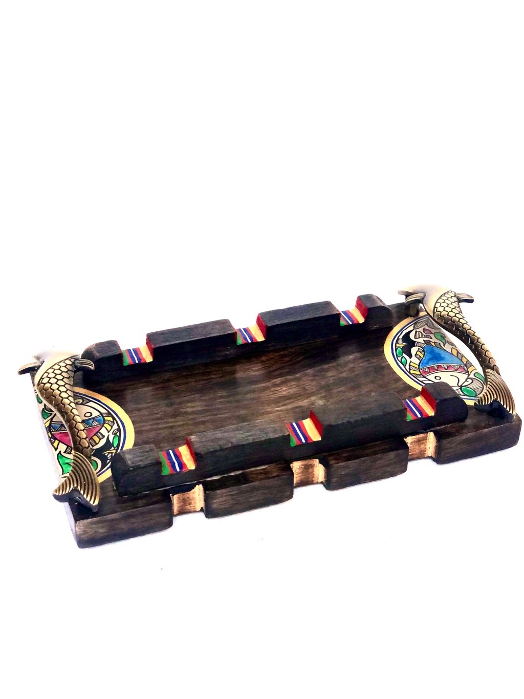 Madhubani HandPainted Brown Wooden Tray Brass Fish Handles Tamrapatra - Tanariri Hastakala