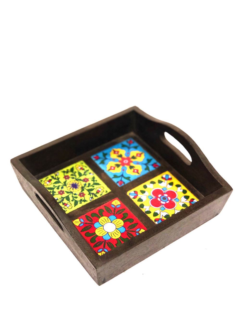 Blue Pottery Tiles Fitted On Strong Wooden Tray Home Decor By Tamrapatra - Tamrapatra