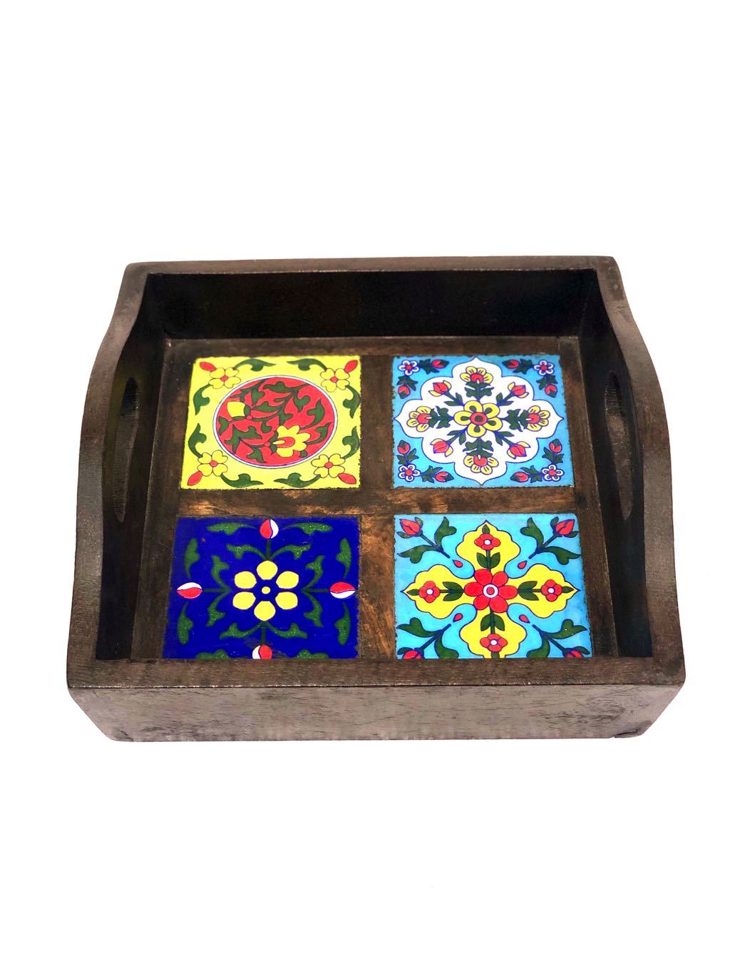 Blue Pottery Tiles Fitted On Strong Wooden Tray Home Decor By Tamrapatra - Tamrapatra