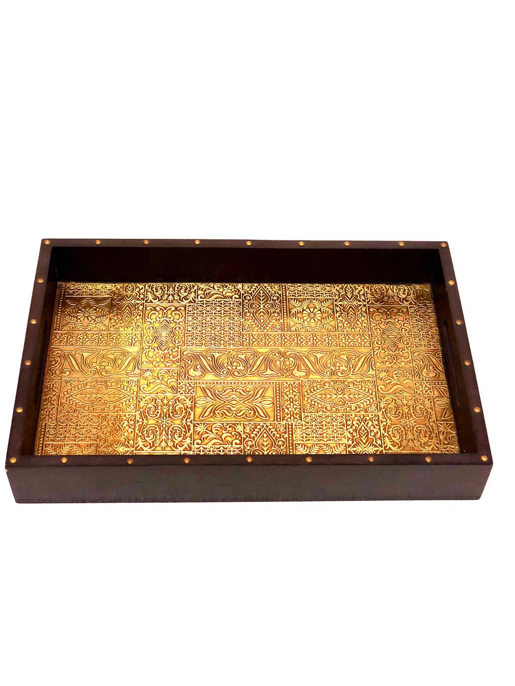 Limited Edition Brass Foil Fitted Premium Wooden Tray Home Decor Tamrapatra - Tamrapatra