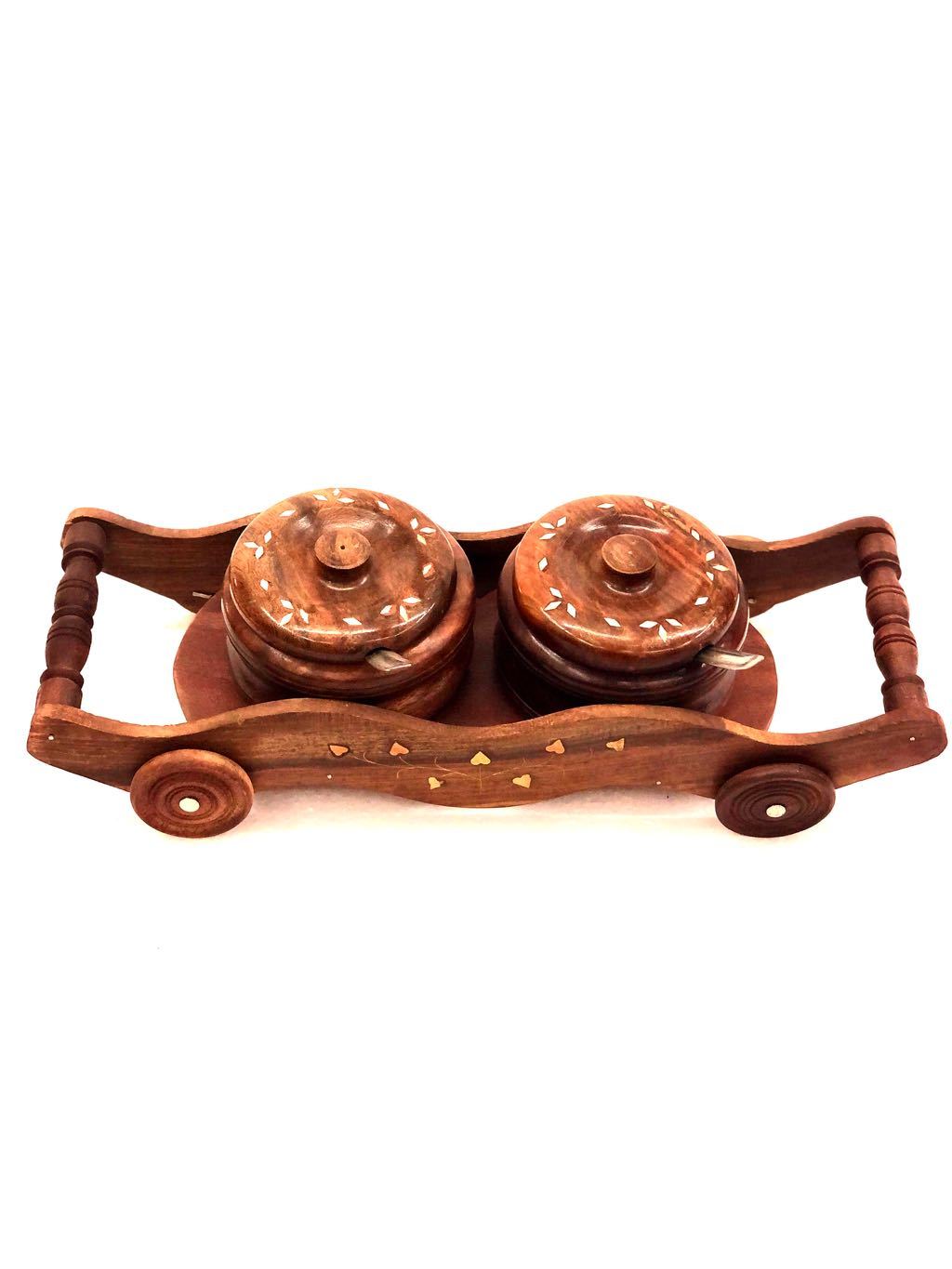Moving Trolley Tray With Two Wooden Jars Stainless Steel By Tamrapatra - Tanariri Hastakala