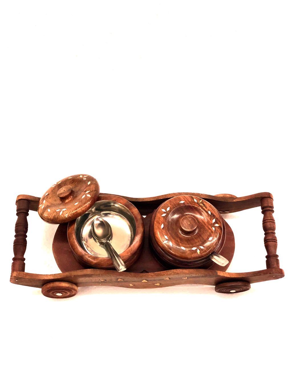 Moving Trolley Tray With Two Wooden Jars Stainless Steel By Tamrapatra - Tanariri Hastakala