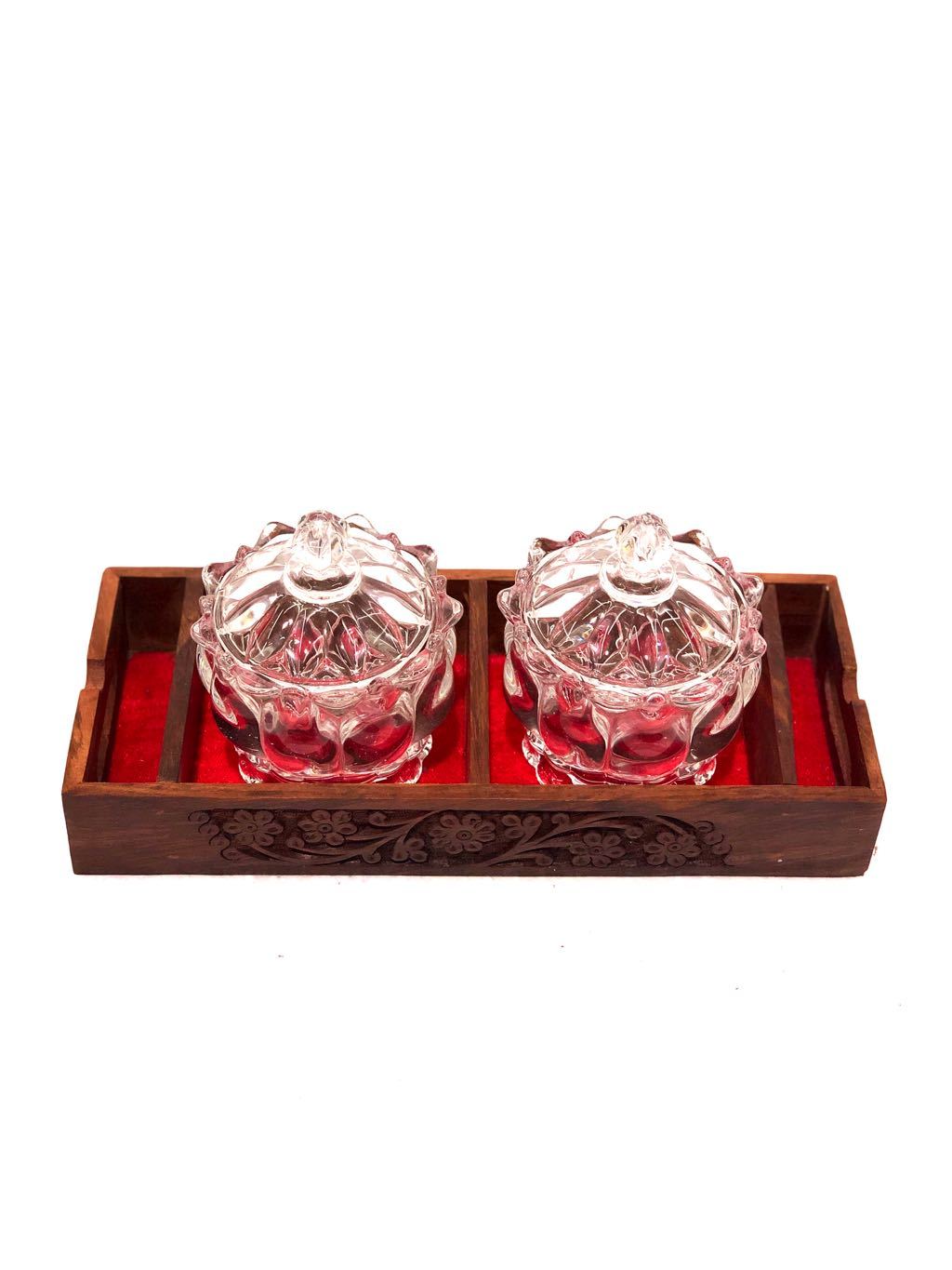 Tray Wooden Carved Velvet Finishing & Glass Jars Presented By Tamrapatra - Tanariri Hastakala