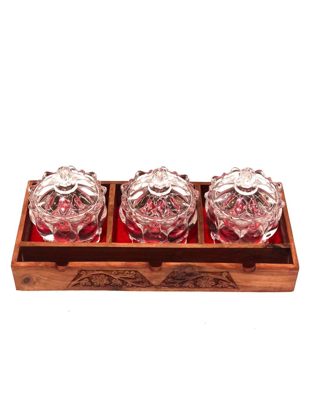 Tray Wooden Carved Velvet Finishing & Glass Jars Presented By Tamrapatra - Tanariri Hastakala
