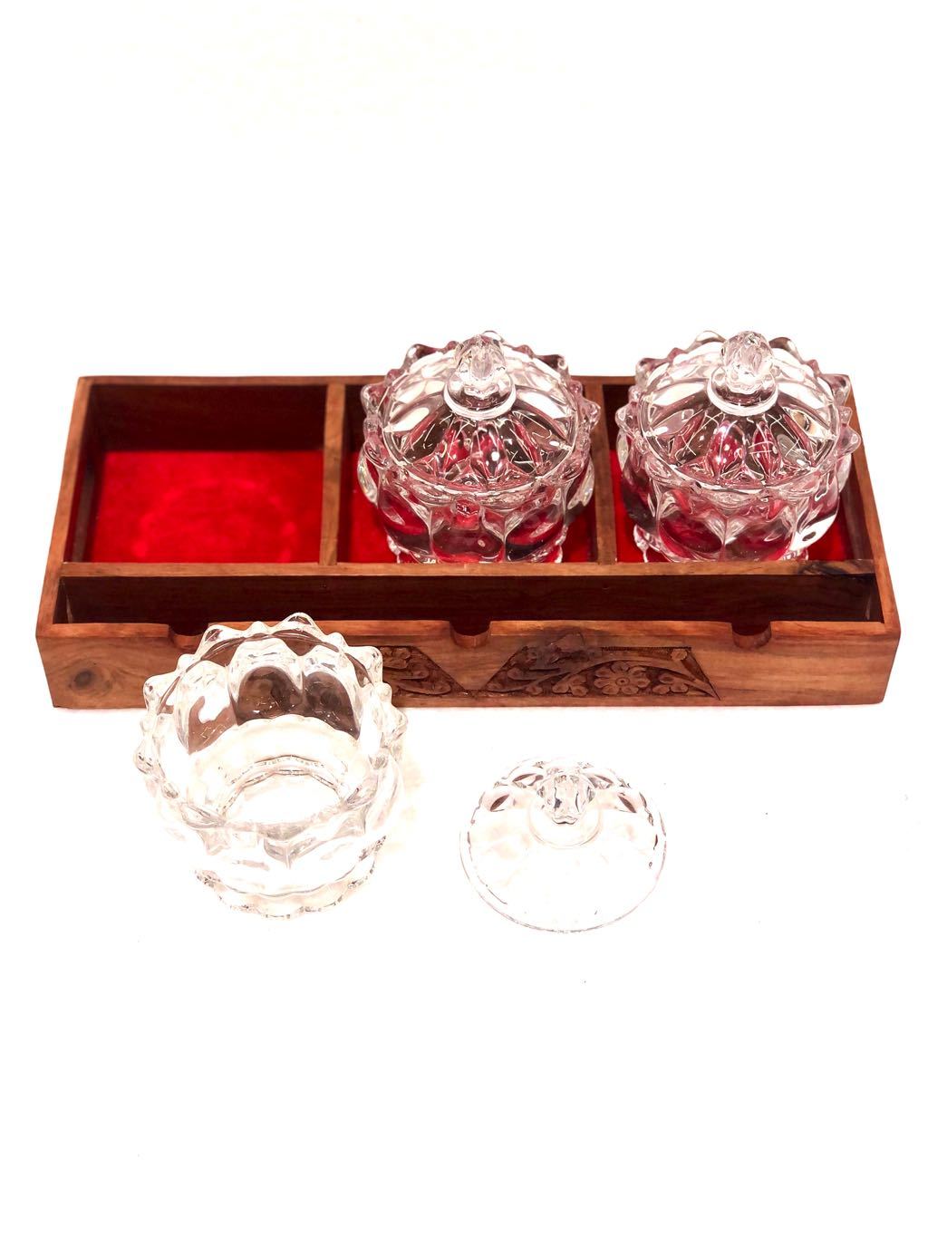 Tray Wooden Carved Velvet Finishing & Glass Jars Presented By Tamrapatra - Tanariri Hastakala