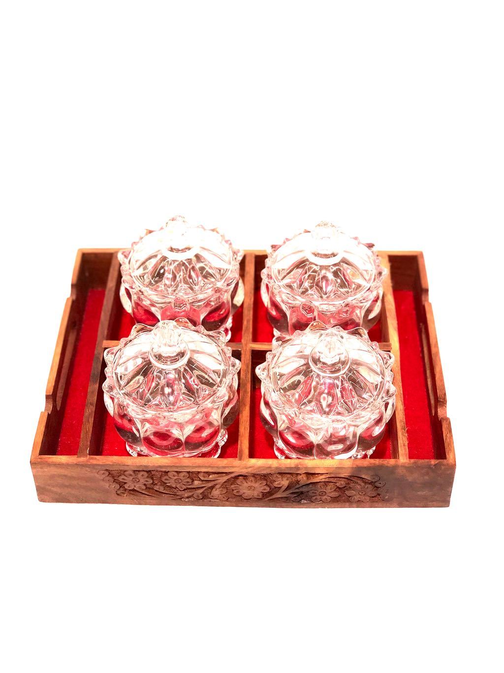 Tray Wooden Carved Velvet Finishing & Glass Jars Presented By Tamrapatra - Tanariri Hastakala