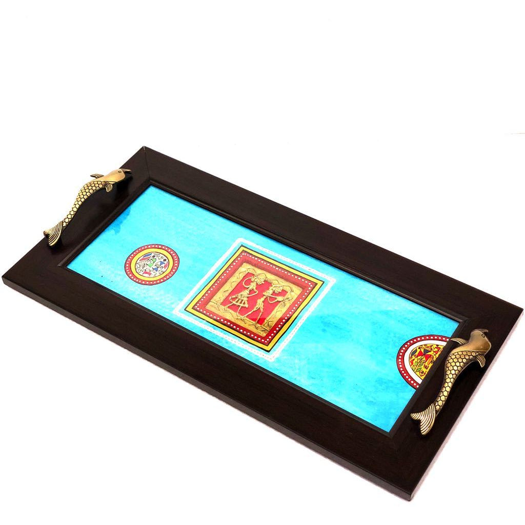 Beautiful HandPainted Warli Dhokra Fusion Wooden Tray Utility Tamrapatra - Tanariri Hastakala