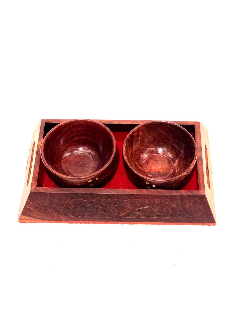 Red Velvet Tray Wooden Carved With 2 Bowls Gifting Ideas By Tamrapatra - Tanariri Hastakala