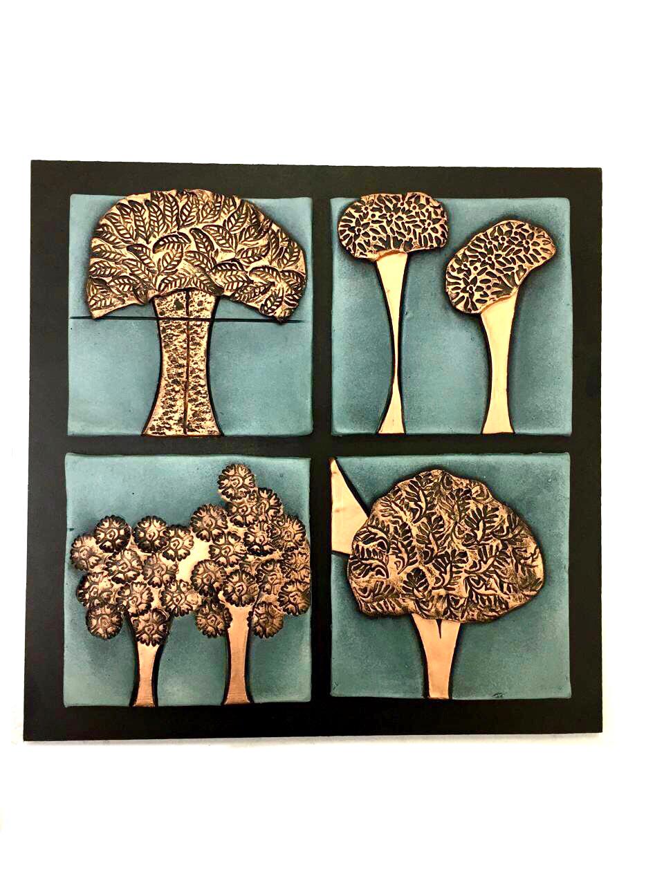 Trees Inspired Terracotta Sculpture Gray & Copper Wall Art Set of 5 Tamrapatra