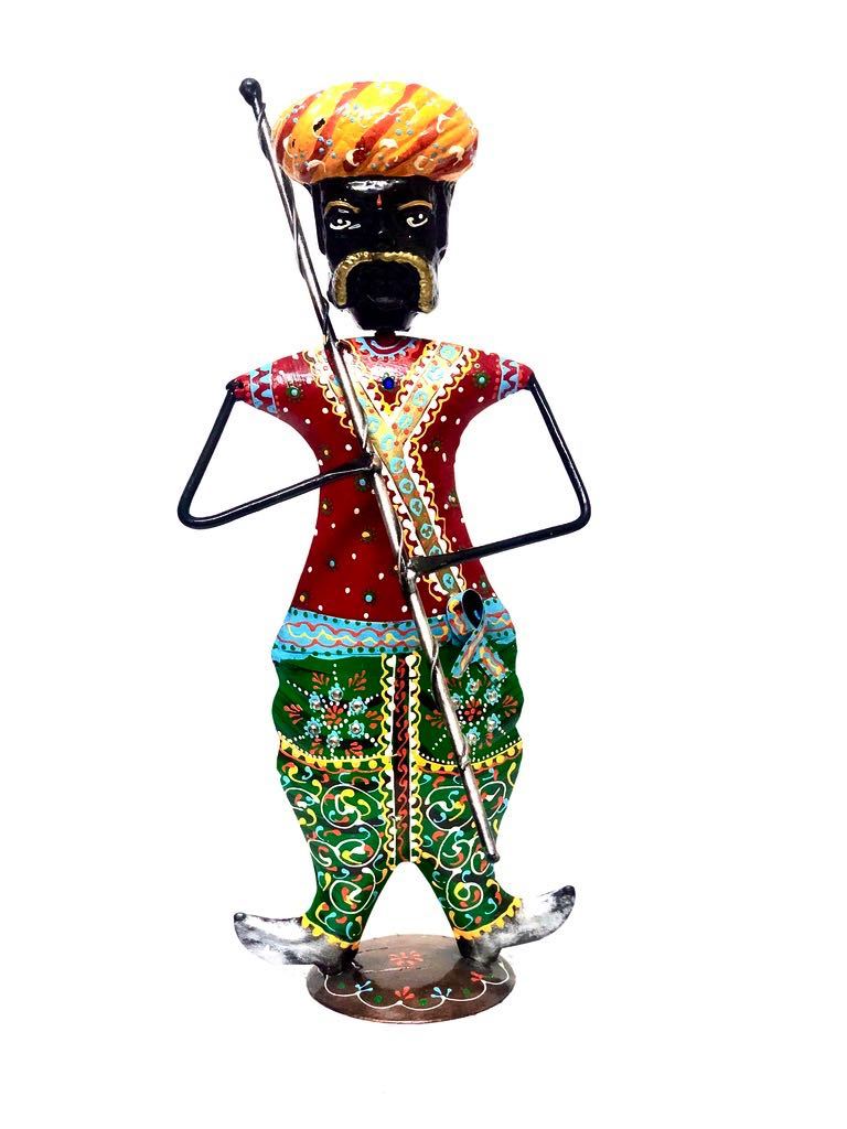 Indian Villager Guard Holding Stick Ethnic Attire Metal Tamrapatra - Tamrapatra