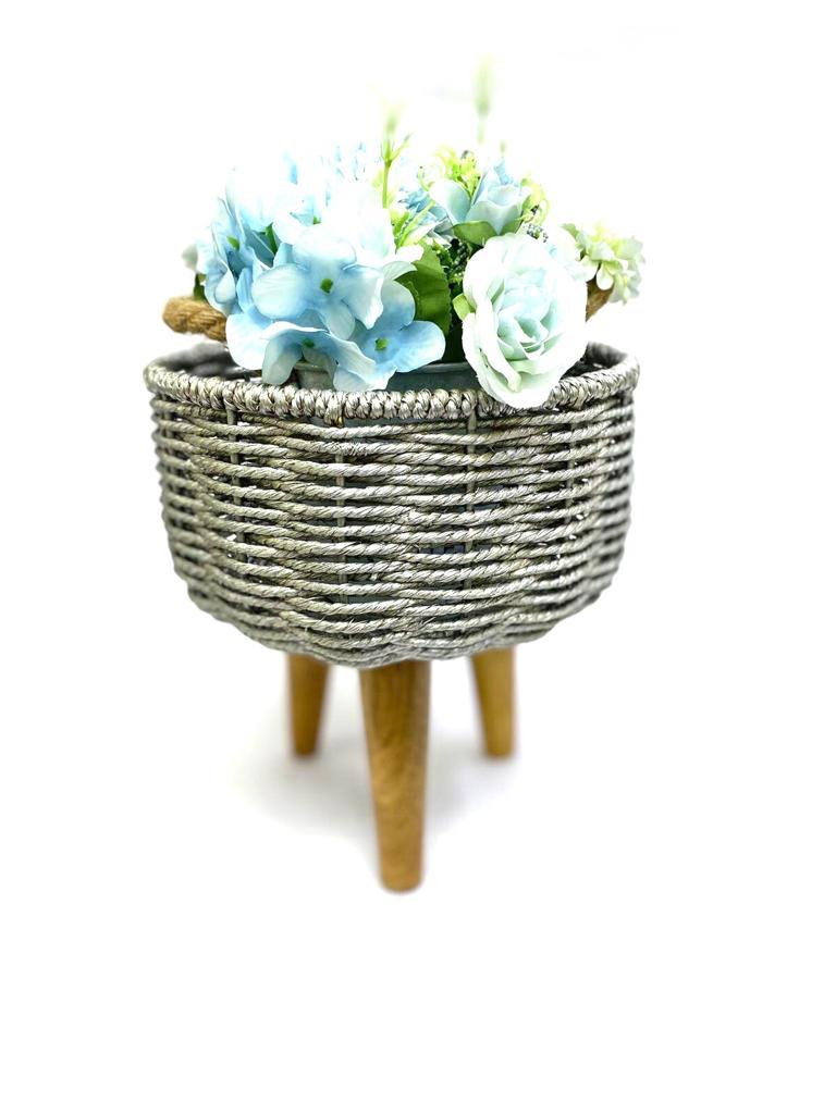 Unique Tripod Metal & Jute Planter On Wooden Stand Silver Shade Tamrapatra