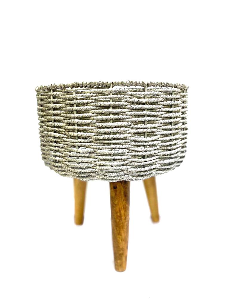 Jute & Metal Planters On Wooden Stand Modern Style White Shade Tamrapatra
