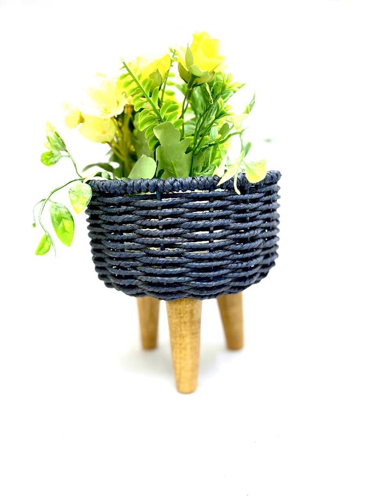 Jute Planter Woven On Metal & Wooden Tripod Stand Blue Shade By Tamrapatra