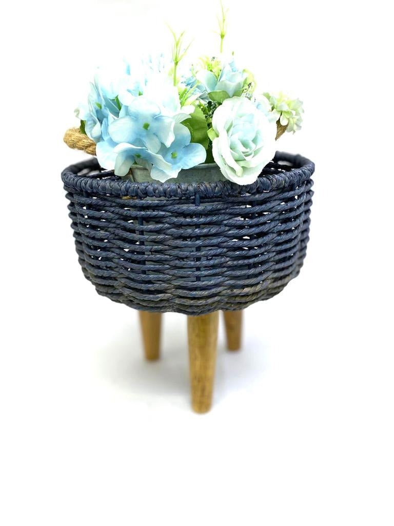 Jute Planter Woven On Metal & Wooden Tripod Stand Blue Shade By Tamrapatra