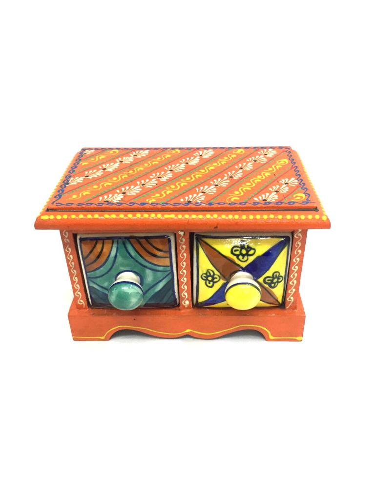 Hand Painted Cone Work Wooden Ceramic Multipurpose Two Drawer Tamrapatra