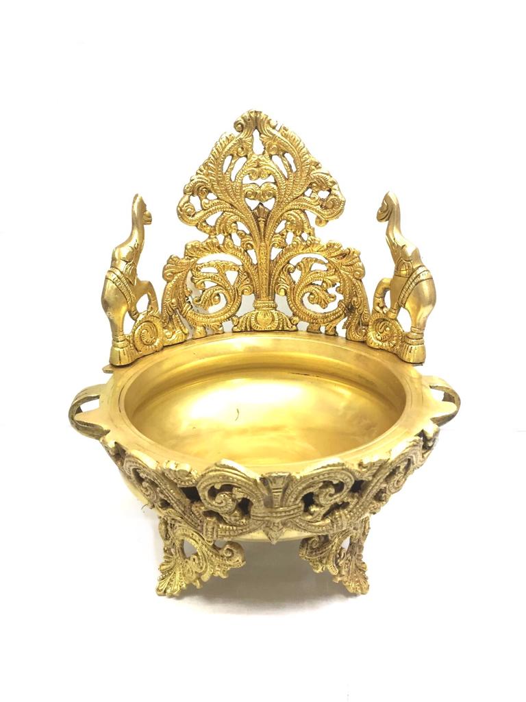 Designer Brass Urli Pots Décor With Elephants On Stand Elegant Tamrapatra