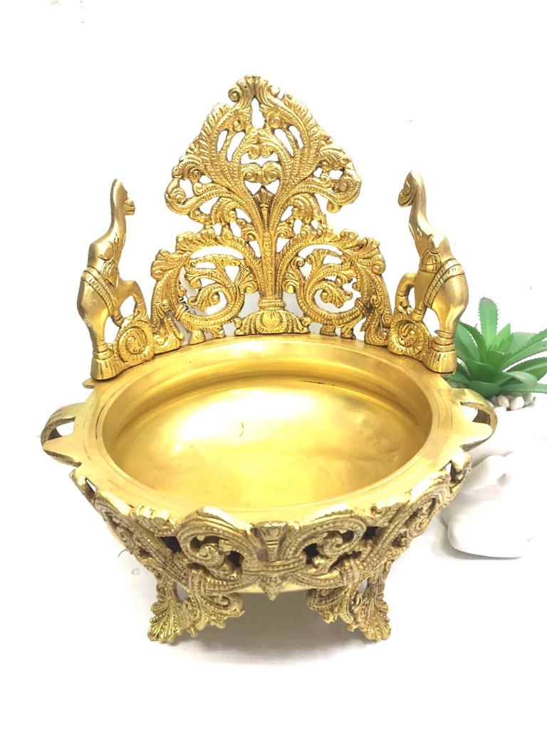 Designer Brass Urli Pots Décor With Elephants On Stand Elegant Tamrapatra
