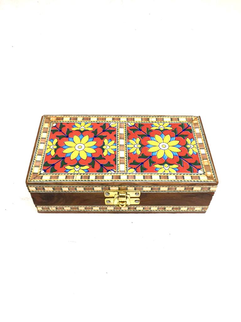 Two Tile Storage Box Wooden Blue pottery in Various Shades By Tamrapatra