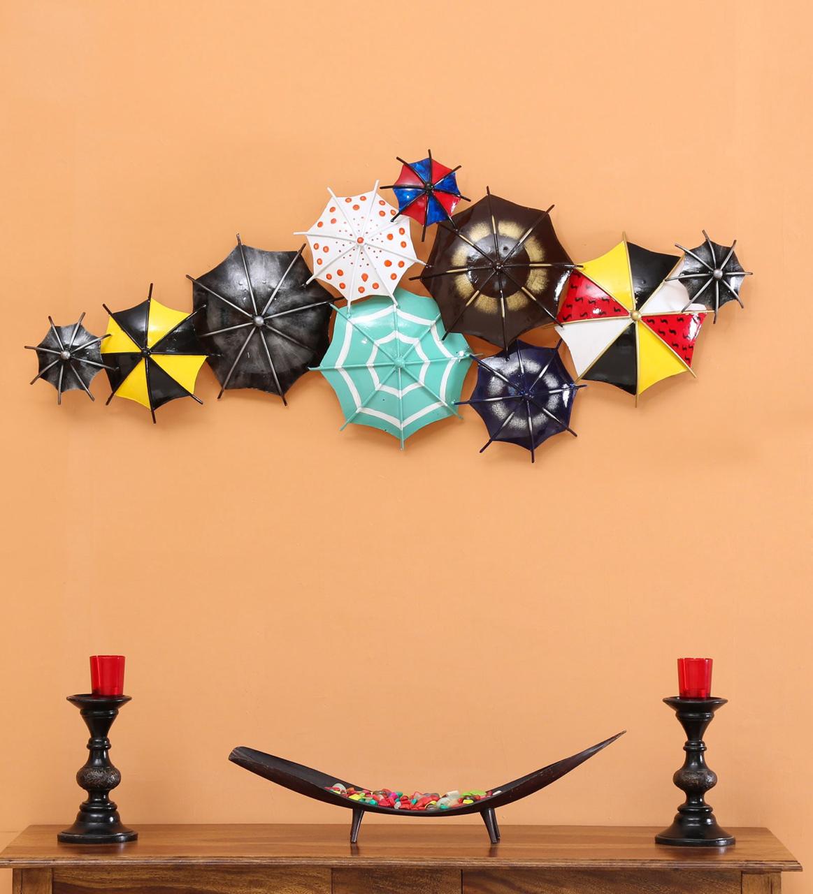 Multicolor Umbrella Style Metal Wall Décor Hand Painted Tamrapatra
