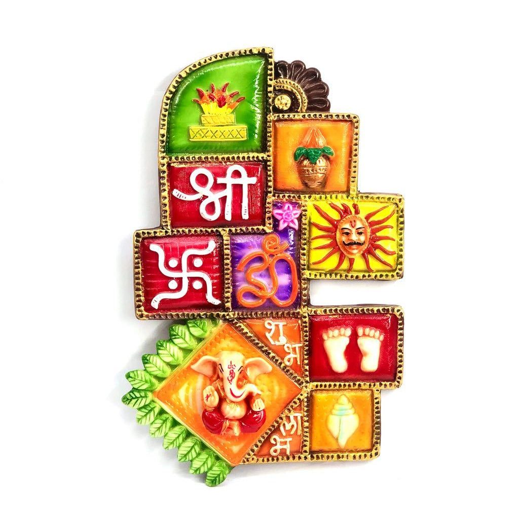 A colorful handcrafted decorative hanging featuring various symbols and deities in a Vastu frame.