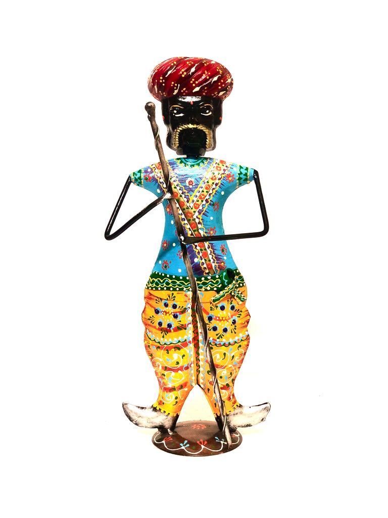 Indian Villager Guard Holding Stick Ethnic Attire Metal Tamrapatra - Tamrapatra