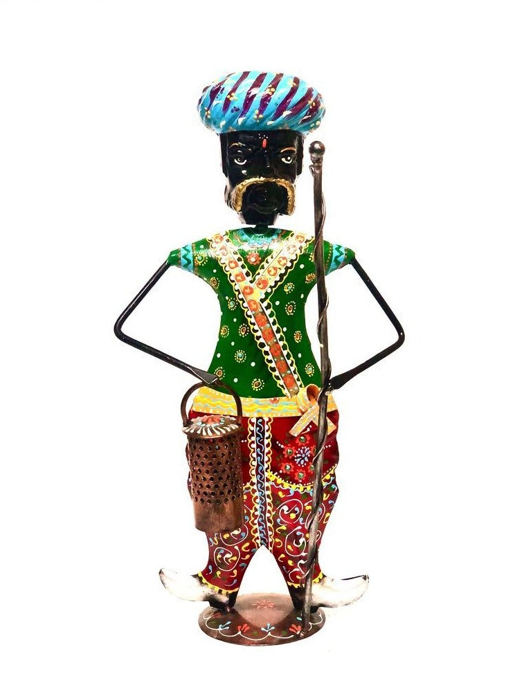 Indian Villager Guard Holding Stick Ethnic Attire Metal Tamrapatra - Tamrapatra