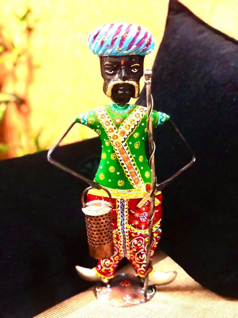 Indian Villager Guard Holding Stick Ethnic Attire Metal Tamrapatra - Tamrapatra