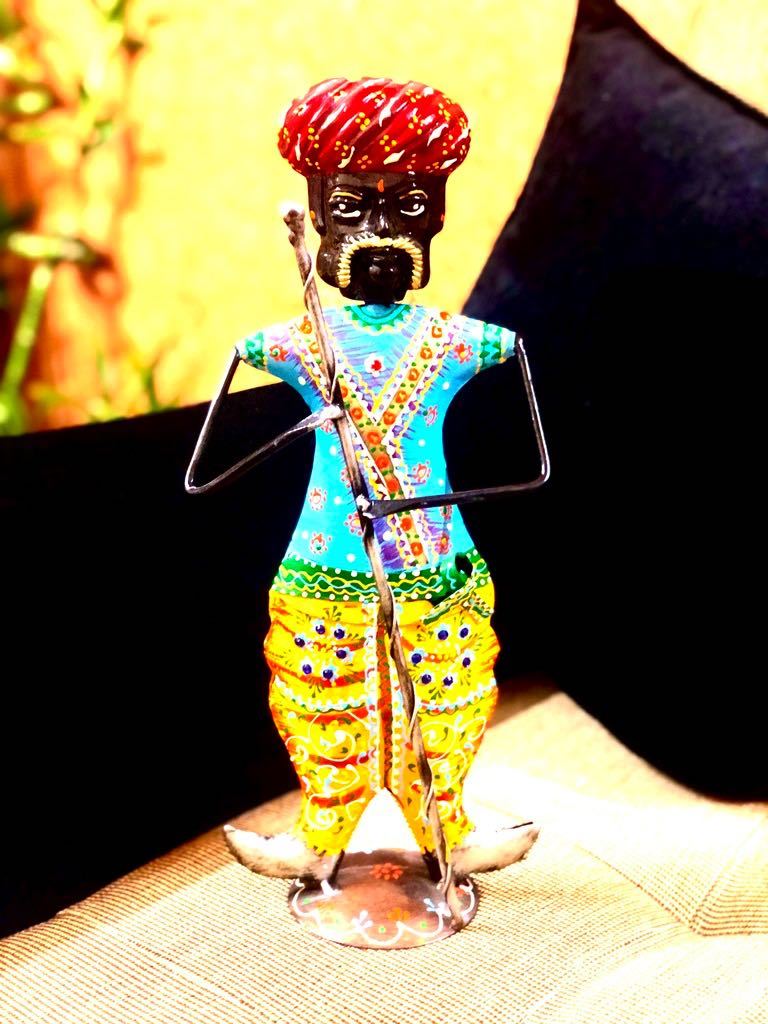 Indian Villager Guard Holding Stick Ethnic Attire Metal Tamrapatra - Tamrapatra