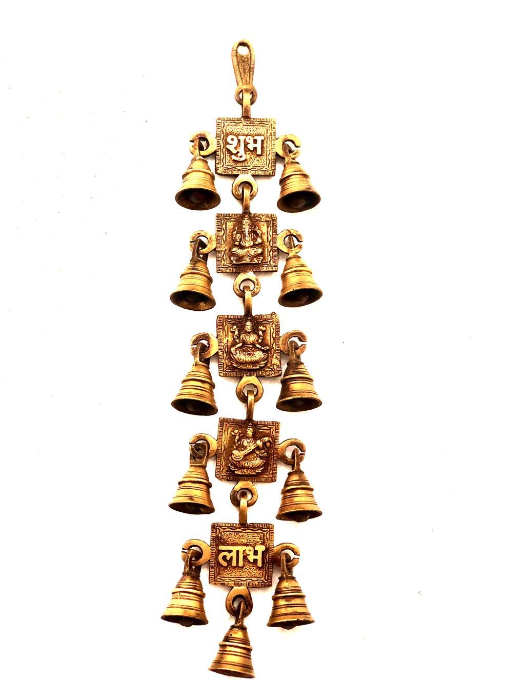 Brass Wall Hanging Bells Decor Ganesh Lakshmi Saraswati Tamrapatra - Tamrapatra